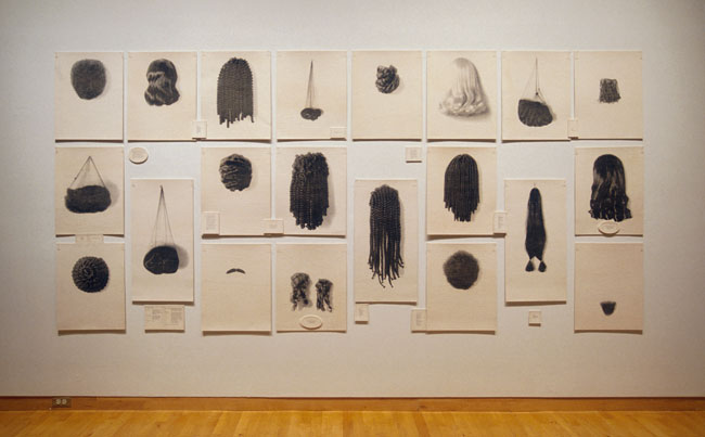Lorna Simpson, Wigs, 1994. Waterless lithograph on felt. 73 x 152 in (185.42 x 386.08 cm). Collection of Eileen and Peter Norton, Santa Monica. 