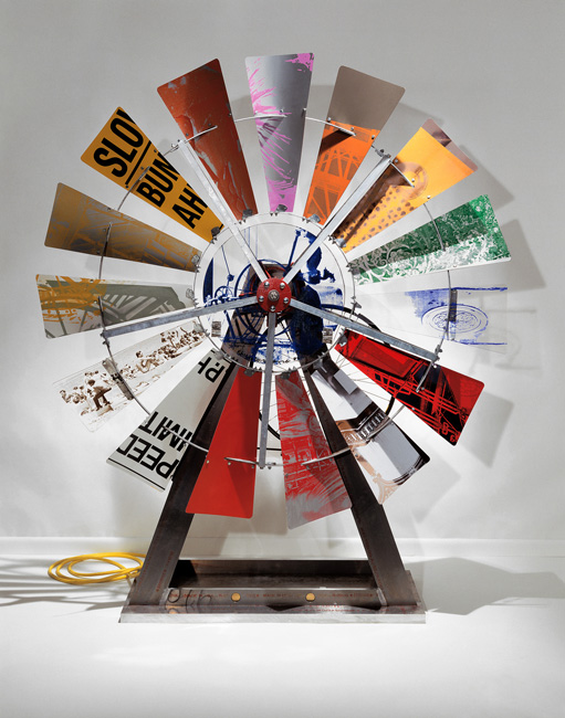 Robert Rauschenberg, Eco-Echo VIII, 1992-93. acrylic and screenprinting ink on aluminum and Lexan, with sonar-activated motor. 88 x 73 x 26 in. Collection of Ruth and Don Saff. Image Courtesy Saff Tech Arts, Photo: George Holzer.