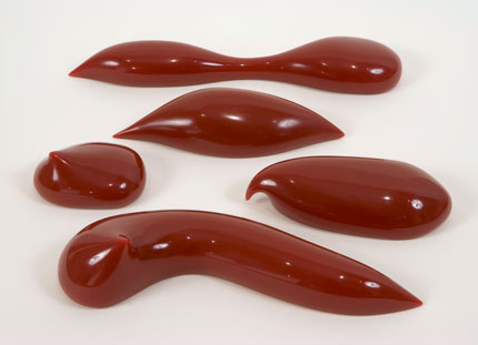 Los Carpinteros, Fluido, 2006. Set of five cast red pigmented urethane sculptures with foam-lined blow molded plastic carrying case. Largest object: 11 x 2-1/2 x 2 inches; Case: 17 x 14 x 3-1/4 inches. Edition: 50*; XXXV. *Only 9 in the edition of 50 were completed.