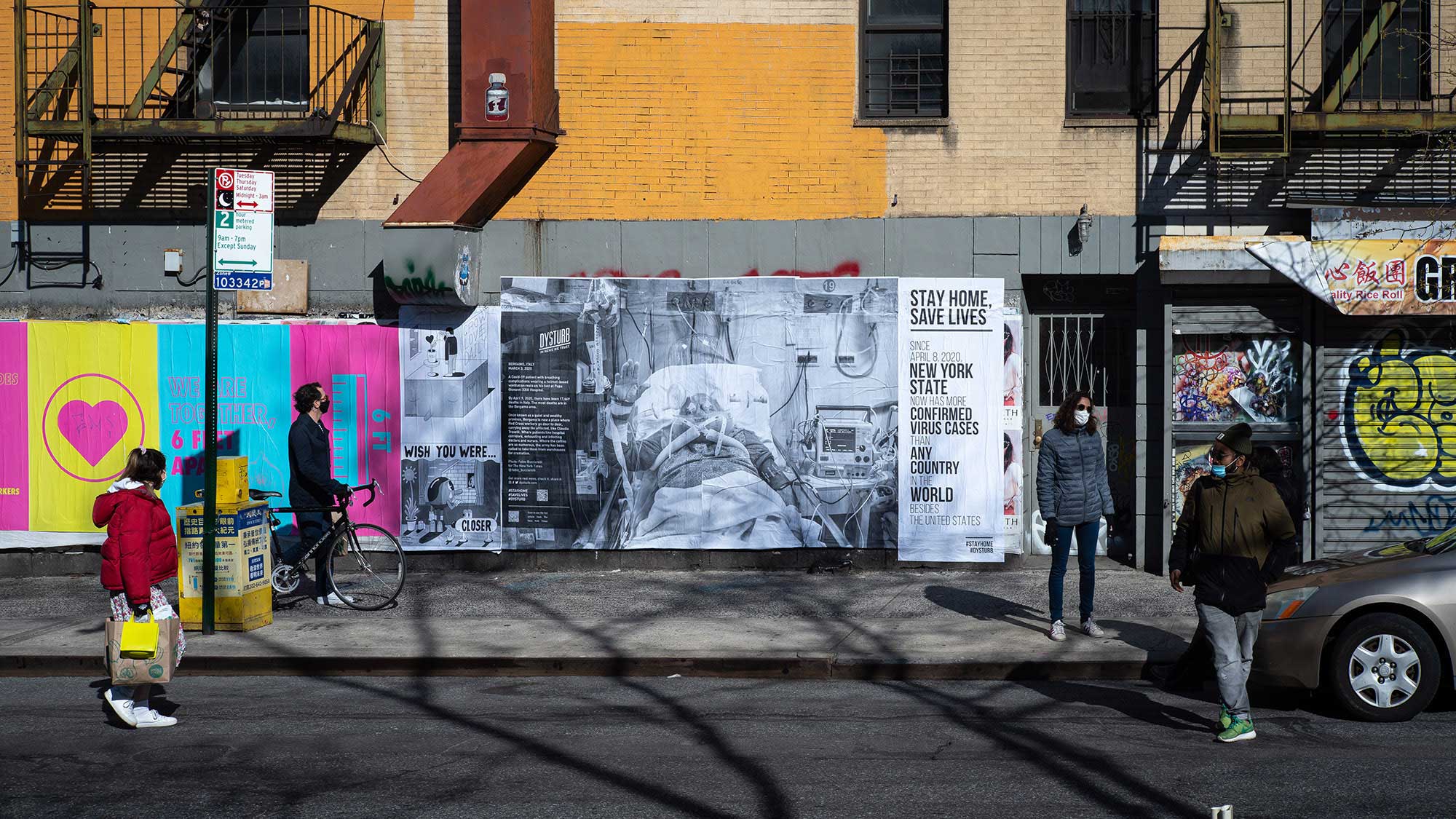 Pasted photograph by Fabio Bucciarelli for the New York Times and illustration by Jeremyville on Allen St, Manhattan, © Benjamin Petit. Courtesy of Dysturb.