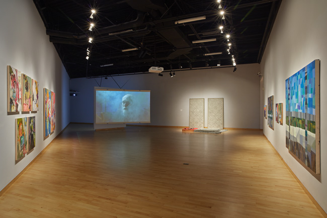 Installation view of Out To Pasture exhibition at USF Contemporary Art Museum. Left to right: Work by Lisa McCarthy, Laura Pérez Insua, Nadia Ivanova, Ian Wilson. Photo: Will Lytch.