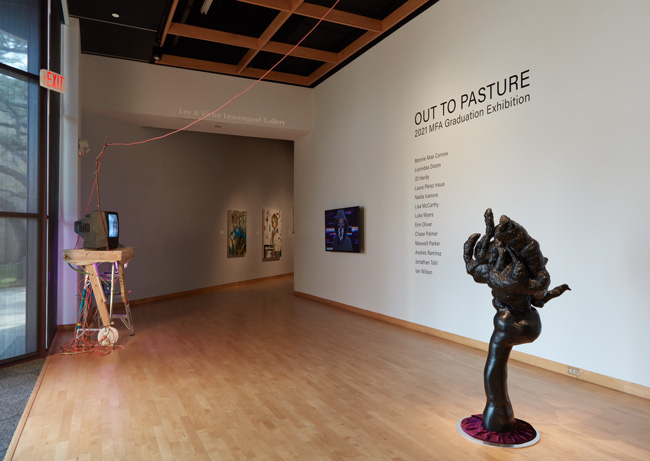 Installation view of Out To Pasture exhibition at USF Contemporary Art Museum. Left to right: Work by Maxwell Parker, Leonidas Dezes, Jonathan Talit. Photo: Will Lytch.