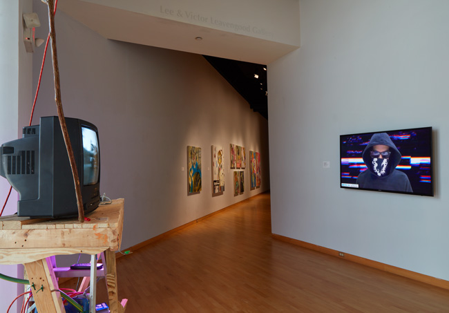 Installation view of Out To Pasture exhibition at USF Contemporary Art Museum. Left to right: Work by Maxwell Parker, Lisa McCarthy, Leonidas Dezes. Photo: Will Lytch.