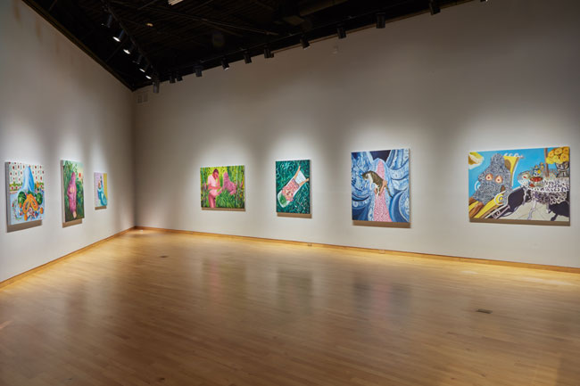 Installation view of Out To Pasture exhibition at USF Contemporary Art Museum. Left to right: Work by Jonathan Talit, Andrés Ramírez. Photo: Will Lytch.