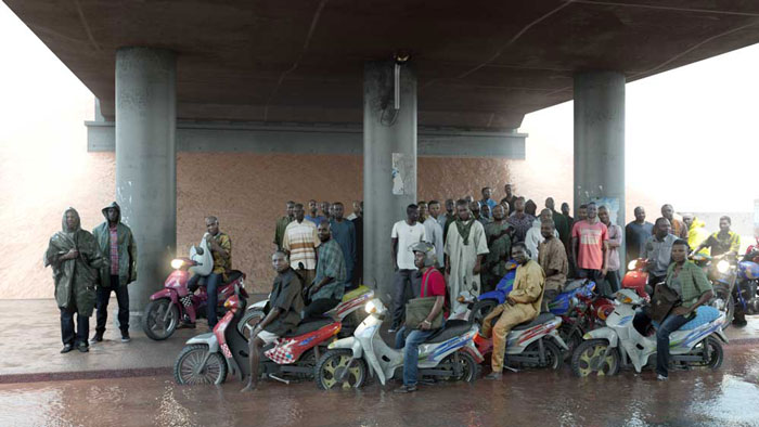 David Claerbout, Oil workers (from the Shell company of Nigeria) returning home from work, caught in torrential rain, 2013. &copy; David Claerbout; Courtesy of the artist and Sean Kelly, New York